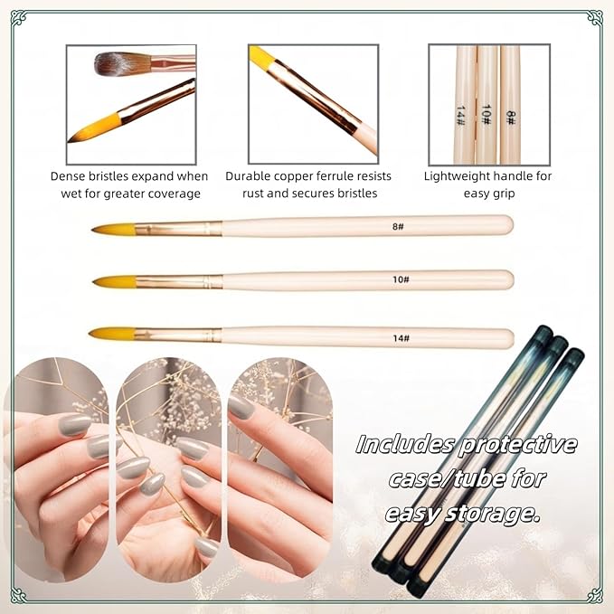 3Pcs Acrylic Nail Brush Set - Sizes (8/10/14) Acrylic Brushes for Nails Art, Acrylics Powder Nails Art Extension Brushes with Pink Sturdy Handle Manicure Tools Extension Carving for Home Salon ﻿