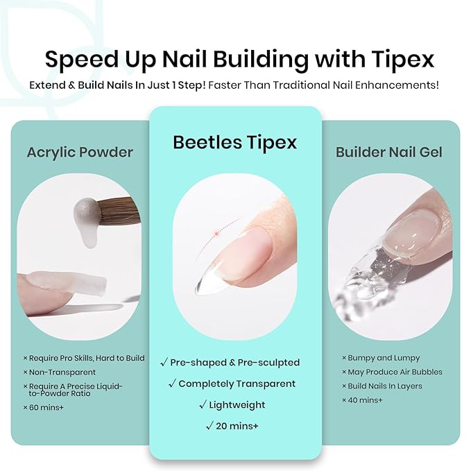 Beetles Tipex Instant Apex Nail Tips Almond Medium 16 Sizes 192 Pcs Pre-Etched Pre-Building Strong Thick Acrylic Tips