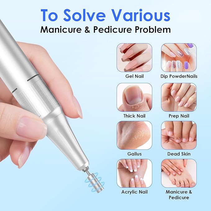 Professional Electric Nail Drill 45000RPM (Portable & Rechargeable) (with 11 Drill Bits ) Cordless Nail File Machine for Shaping, Polishing & Removing Gel Nails for Salon Home (White)