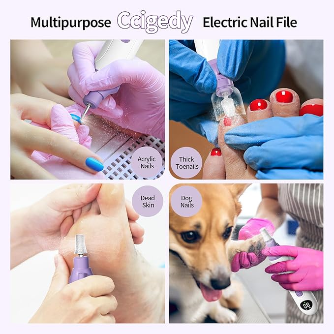 Professional Manicure Pedicure Kit, Cordless Electric Nail File with LCD & Lamp, Rechargeable Toenail Grinder for Thick Toenails, Portable Nail Dremel Tools for Women & Men Baby Pets