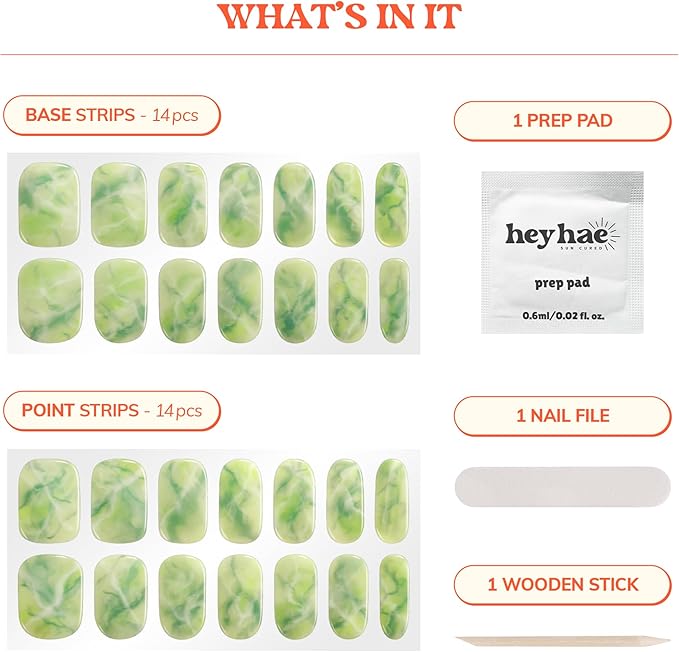 Heyhae Semi Cured Gel Nail Strips | No LED Lamp Needed | Summer, Marble, Green | Easy Apply & Remove, Salon Quality | Includes 28 Strips, 1 Prep Pads, Nail File & Wooden Stick - Hey, Feeling Lucky?