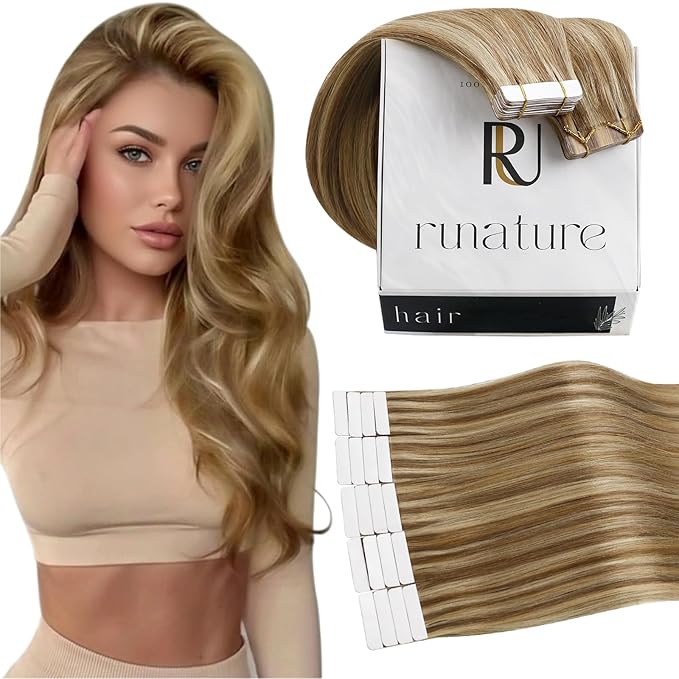 RUNATURE Tape in Extensions Human Hair Blonde Tape in Hair Extensions Human Hair Real Hair Extensions Tape ins Natural Looking 16 Inch 50g 20pcs #10P16 Dark Blonde Highlight Caramel Blonde