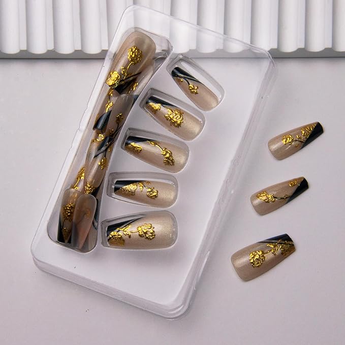 Press on Nails Medium Square Fake Nails Gold Rose Flowers Acrylic Nails Black French Tip False Nails Press ons with Design Cat Eye Glue on Artificial Nail for Women Manicure 24Pcs