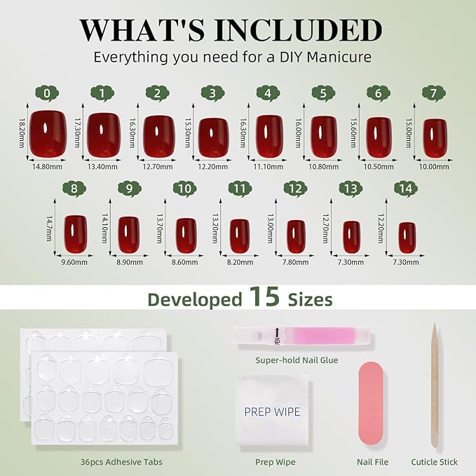Burgundy Press On Nails - Red Short Square Fake Nails, Square Red Press On Nails Reusable Stick On Nails in 15 Sizes, 30pcs False Nail Kit for Women & Girls (Burgundy)