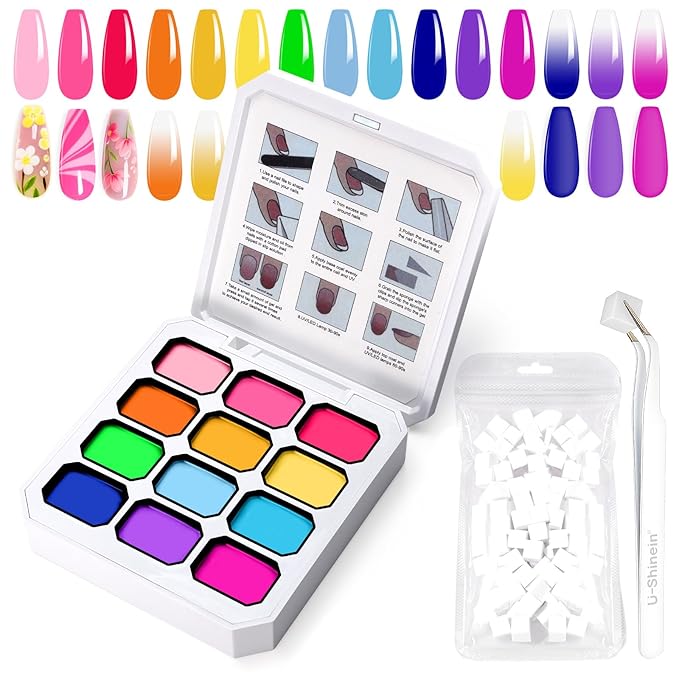Gradient Painting Gel,12 Ombre Gel Nail Polish Kit with 100Pcs Nail Sponges & Tweezers Bright Color for Pigment Pat Nails French Manicure, Long-lasting Palette Mojito Sunrise Canvas