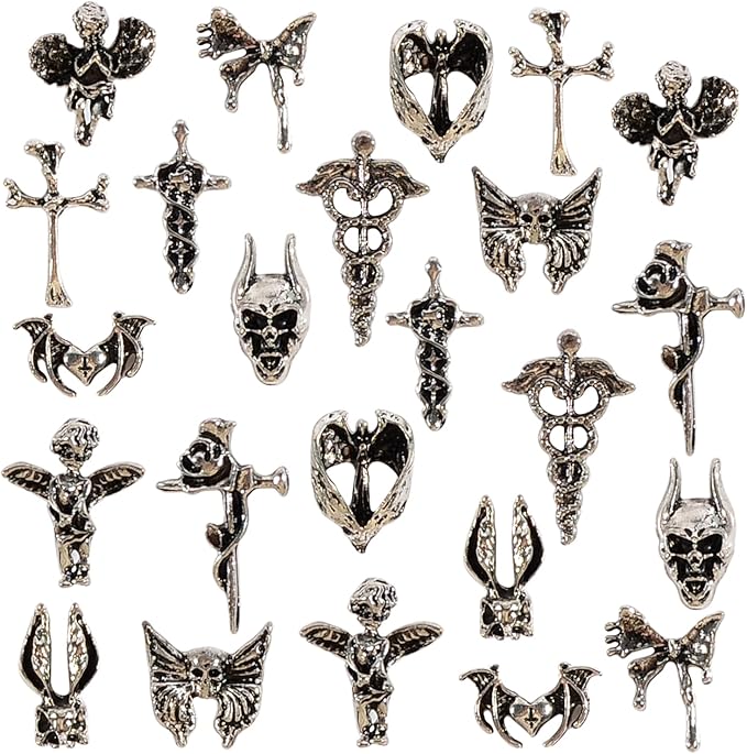 24Pcs/Box Halloween Nail Charms Decorations 3D Vintage Punk Skulls Cross Nail Art Charm Metal Alloy Halloween Nail Design for Manicure Craft DIY Nail Art Accessories