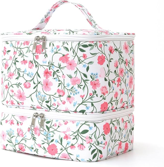 Nail Polish Organizer Aesthetic Nail Organizers and Storage, Bow Nail Supplies Kit Organizer Travel Carrying Case for Manicure Tools (Floral F, 2 Layer)