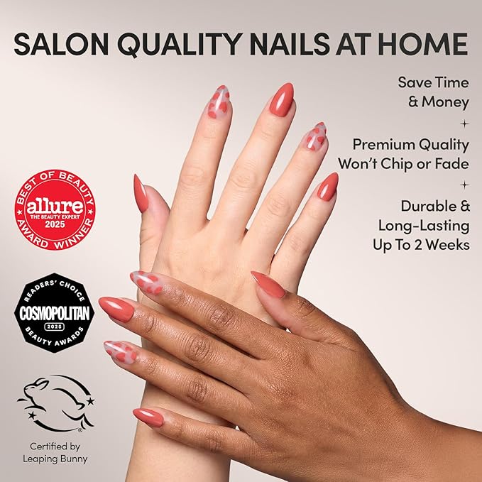 Valentines Day Glamnetic Press On Nails - Love Me | Glossy, Semi-Transparent, Short Almond Red Heart Nails, Salon Quality | 15 Sizes - 30 Nail Kit with Glue