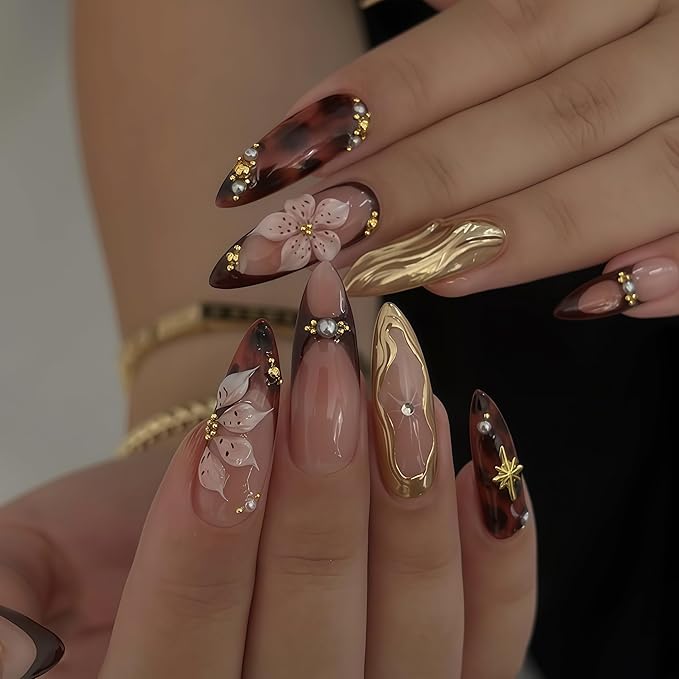 24Pcs Almond Press on Nails Medium Fake Nails with Brown Flower Designs French Nails 3D Gold Texture False Nails Star Press ons Pearl Jewelry Acrylic Nail Cute Stick on Nail for Women Manicure