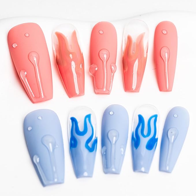 Sun&Beam Nails Handmade Long Coffin Ballerina Pink Blue False Nail Tips with Cute 3D Water Drops Popular Charm Design Press On Nails 10 Pcs (#025 M)
