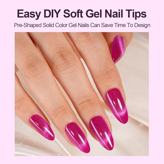 Cat Eye Press on Nails Medium Almond, 240Pcs Soft Gel Fake Nails, Glossy Glitter Cat Eye Nail Tips for Women and Girls Stick On Nails in 12 Sizes