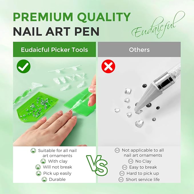 Rhinestone Picker Tool Kit: 2Pcs Rhinestone Picker Handle, Dual-Ended Rhinestones Applicator Bedazzling Tools Pen with 12 Upgraded Plastic Replacement Tips, Clay Nail Art Craft (Green)