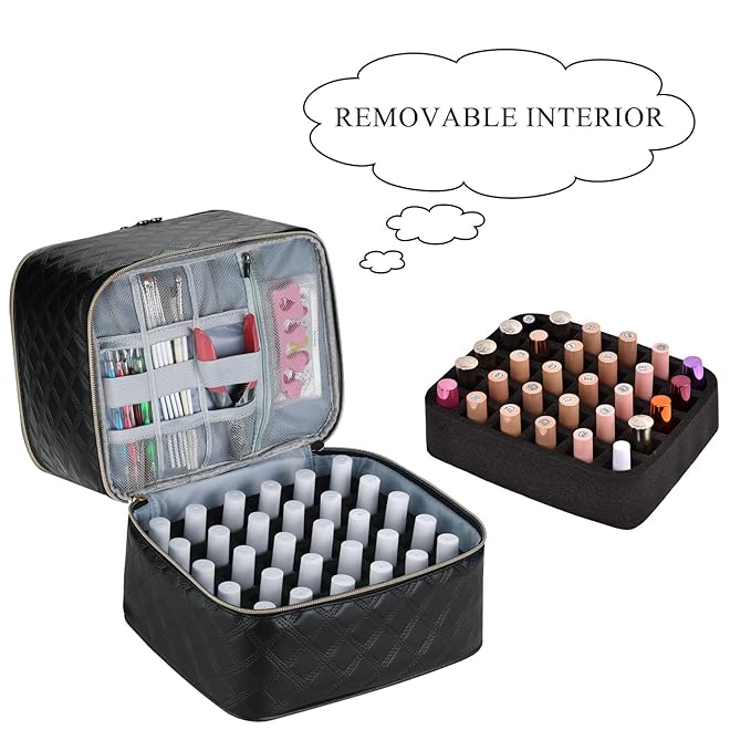 Upgraded Nail Polish Organizer Case - Holds 30 Bottles and 1 Nail Light, Double-layer Nail bag Organzier Case Nail Polish Storage Bag with Handles (Style B-Checker Black)