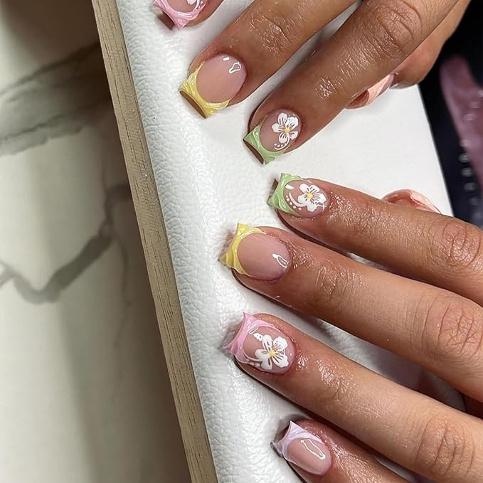 Press on Nails Short Square French Tip Fake Nails Three-Dimensional Water Droplet False Nails with Flower Designs Full Cover Colorful Glossy Glue on Nails Acrylic Nails for Women Girls 24Pcs