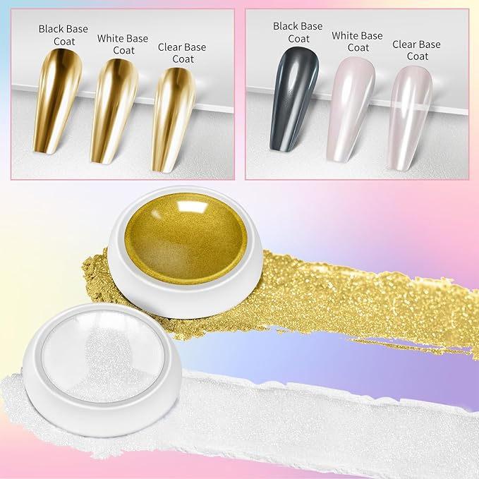3D Nail Gel and Chrome Nail Powder Kit, 3 in 1 No Wipe Clear 3D Sculpting Gel for Nail Art Carving Molding Rhinestone Glue 15g, Gold Silver Metallic Mirror Nail Chrome Powder Glitter for Manicure