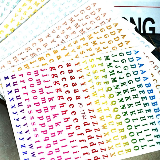 12 Colors Letters Nail Art Stickers, 3D English Self-Adhesive Sticker Design, Laser Gold Silver Red Black White Pink Yellow Green 26 Alphabet Nail Transfer Decals for Women Manicure Decorations