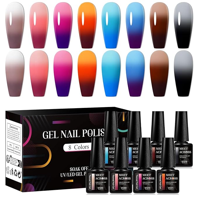 MEET ACROSS Color Changing Gel Nail Polish Set, 8 Pcs Red Orange Blue Coffee Grey Gel Polish Set Temperature Mood Changed Nail Polish Gel Gifts for Women Girl DIY Salon Home Manicure
