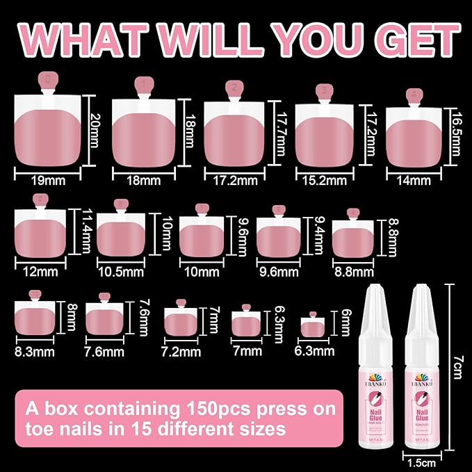EBANKU Toe Nail Press On with 2 Nail Glue, 150pcs Square French 15 Sizes Thick Soft False Toenail Extension, Pink Full Cover Acrylic for Women Nail Art DIY