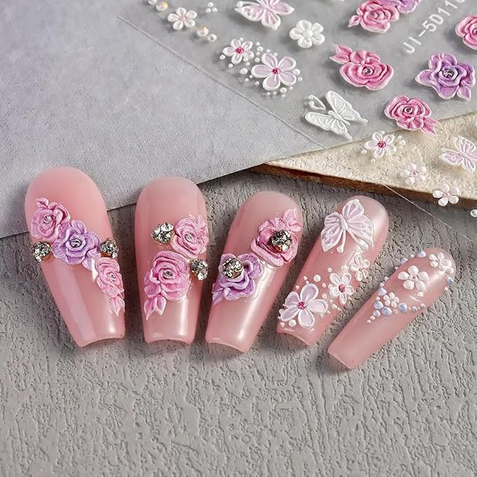 5D Embossed Flower Nail Art Stickers, Flower Nail Decals Nail Art Design Self Adhesive Nail Supplies Colorful Flower Nail Stickers for Women Manicure Decoration 4 Sheets…