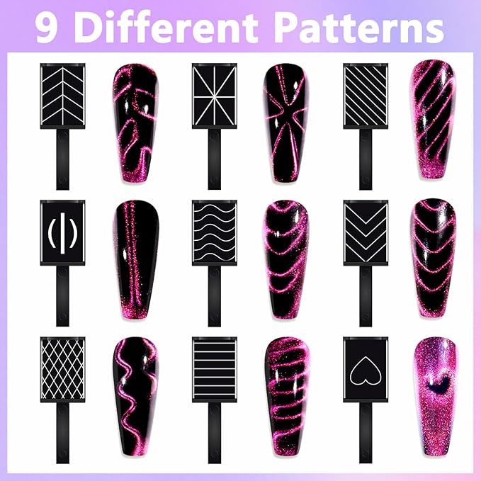 Laza Nail Magnet Set, Super Strong 5-in-1 Nail Magnet Tools with Heart Magnet for Cat Eye Gel Polish and 8 Patterned Magnetic Nail Polish Wands for 9D Galaxy Cat Eye Nail Art, Magnetic Nails