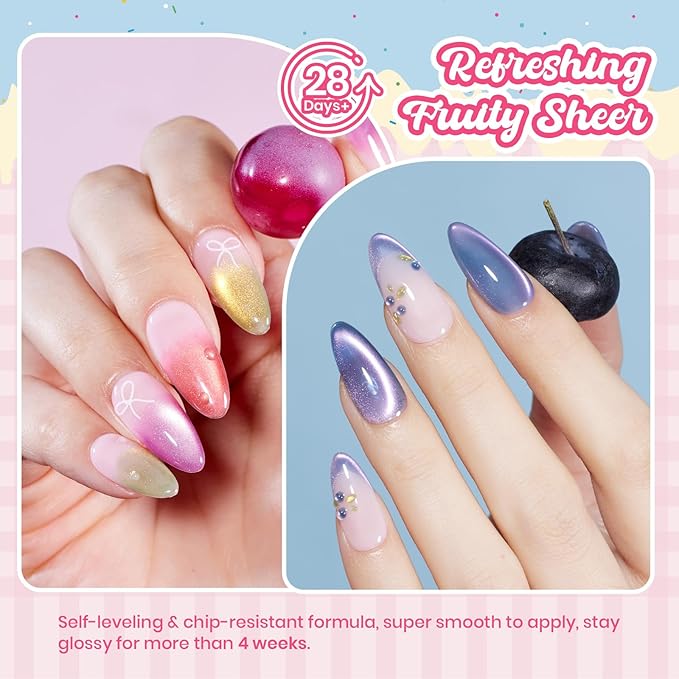 Beetles Fruit Magnet Cat Eye Gel Nail Polish Set - 6 Colors Spring Gel Polish Kit Glitter Cat Eye Pink Purple Blue Yellow Green Magnetic Shine Soak Off UV Salon DIY Manicure Gift for Women