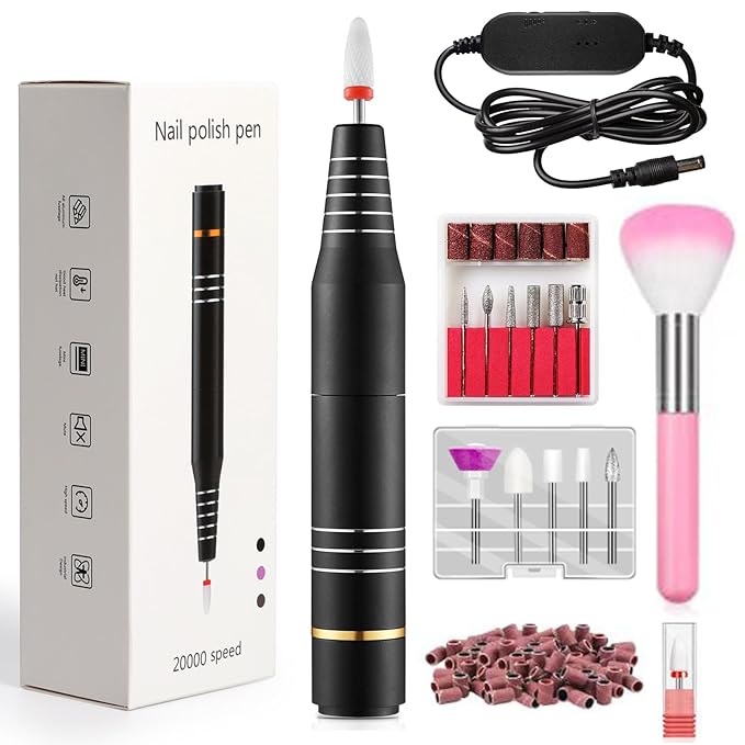Electric Nail Drill, Ultra-Quiet Low Vibration Electric Nail File, Portable Electric Nail File for Crystal Gel Nails, Manicure and Pedicure Tools Polishing Set for Home and Salon Use(Dark Black)