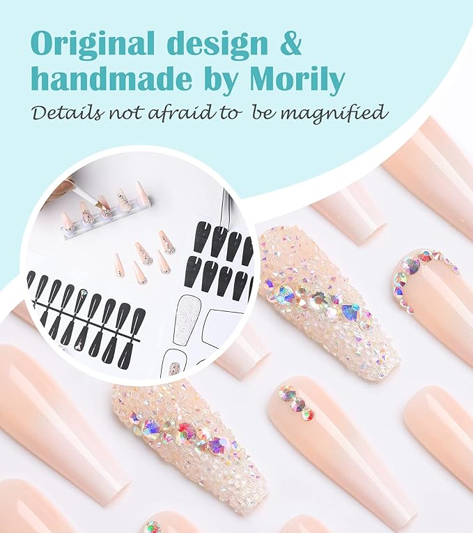 Morily 24pcs Fake Nails Ombre Ballerina Long Crystal Rhinestones Luxury Coffin Press on Nail False Tips Artificial Finger Manicure for Women (French Shinning)