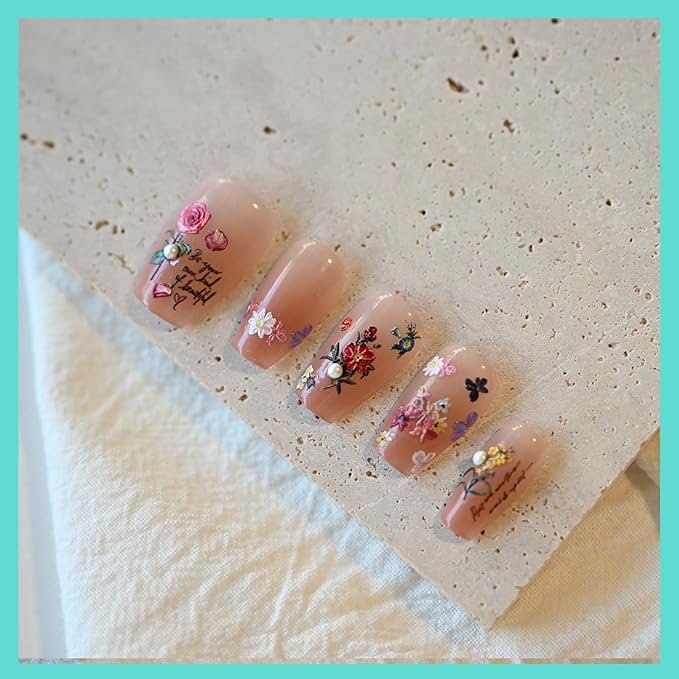 Rose Flower Nail Art Stickers Pearl Rhinestones Embossed Vintage Nail Decals for Nail Art Design Self-Adhesive Nail Accessories for Women Nail Art Supplies 3 Sheets