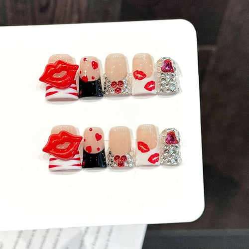 10 Pcs Valentine Duck Shaped Handmade Press on Nails Medium Fake Nails Lips Kiss Heart-Shaped Diamond Cute Romantic Valentine Full Cover Glue on Nails for Women
