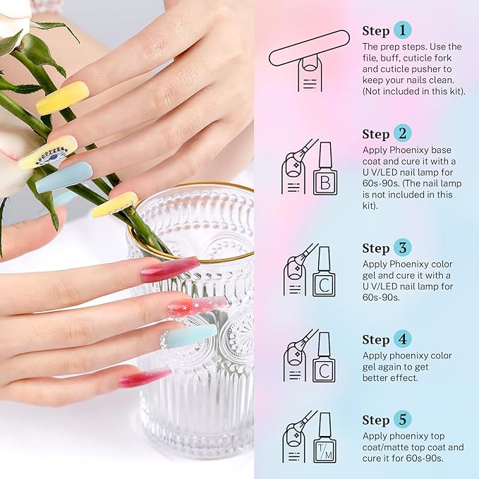 phoenixy 24 PCS Gel Nail Polish Set, 21 Colors Soak Off Gel Nail Kit Nude Pink Red Blue Green Yellow Orange Nail Polish Set with Base Gloss Matte Top Coat Nail Kit Gifts for Women