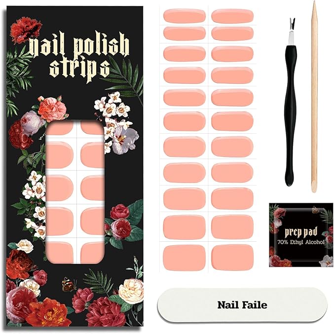 Nail Polish Strips (No UV Lamp Needed) - 22 Pcs Salon Quality Gel Nail Stickers - Long Lasting Wraps (Peach Pink)