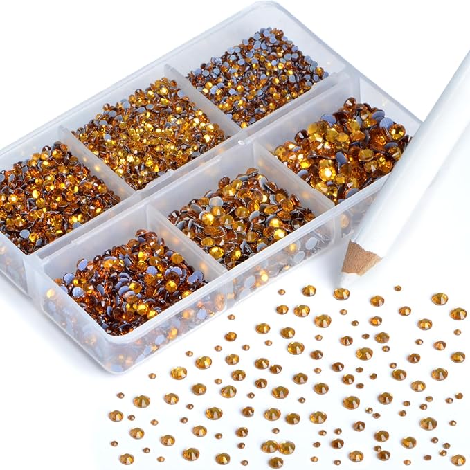 NCB Hotfix Iron on 8000pcs Crystal Rhinestones Round Gem for Crafts Decoration DIY Jewelry Making with a Picking Pen (Topaz, 6Sizes SS3-SS12)
