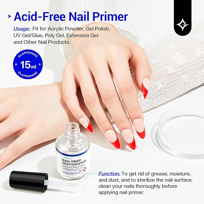 Professional Acid Free Nail Dehydrator: 15ml Nail Prep Dehydrator for Acrylic Nails Powder and UV Gel Polish Fast Dry Nail Primer Bonder for Press on Nails Supplies