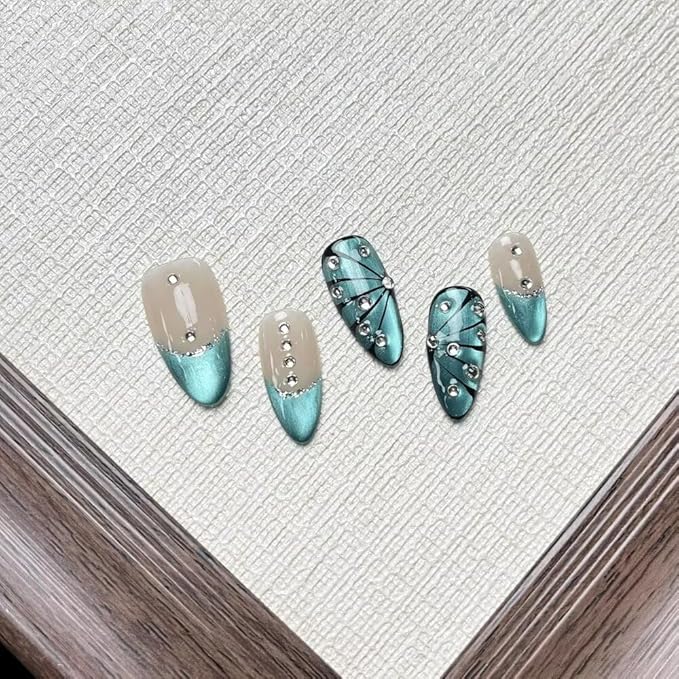 Press On Nails Medium Almond Shape False Nails, Handmade Acrylic Gel Fake Nails with Art Designs, Reusable 10 Pcs 3D Nails for Women DIY Manicure Kit