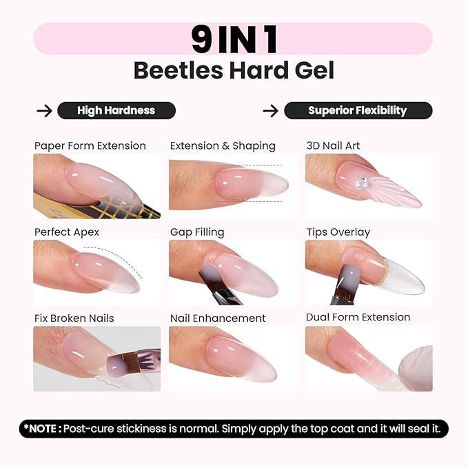 Beetles HEMA-Free Hard Gel-Dewy Breeze 1 oz 9 in 1 Nail Extension Sculpting Apex Building & Nail Repair for Pros,Clear Builder Nails Gel High Hardness, UV & LED Lamp Needed