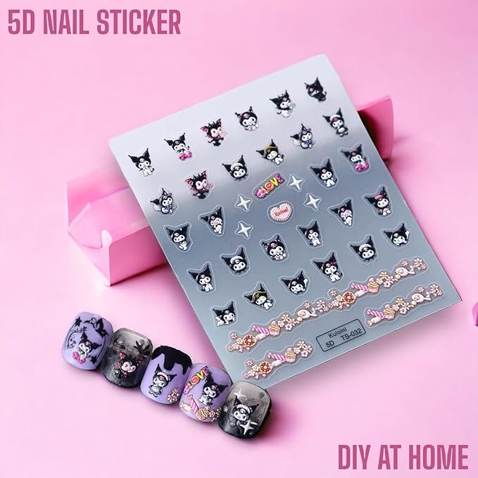 Anime Nail Stickers 5D 3D Embossed Kawaii Japanese Art Decals for DIY Nail Design, Self Adhesive Pink Stickers for Natural Gel Press On Nails, Unisex Cute Otaku Gift (Kuro)
