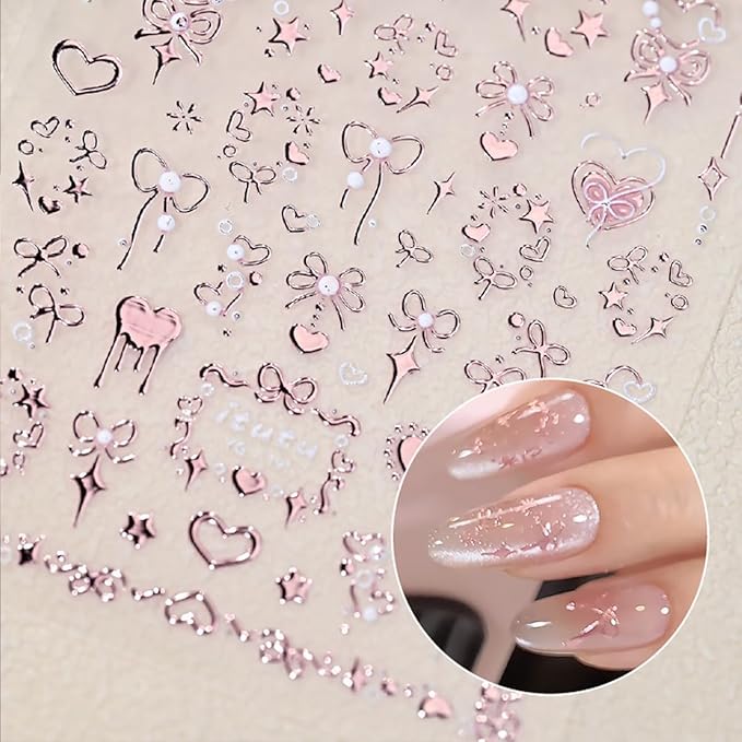 Valentines Day Nail Art Stickers for Nail Art 5D Embossed Bow Nail Stickers with Pink Bow Star Heart Romantic Self Adhesive Design Cute Nail Decals Nail Art Supplies for Women Acrylic Manicure Tips