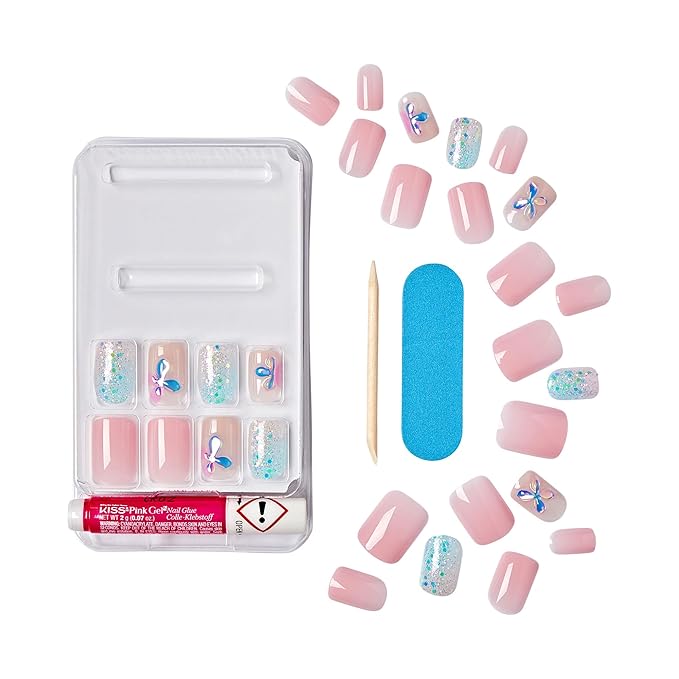 KISS Gel Fantasy Allure Press On Nails, Ready to Wear, 3D Design, Waterproof, Pink Gel Nail Glue 0.07 Oz. (2g), Manicure Stick & Mini File, 28 Count
