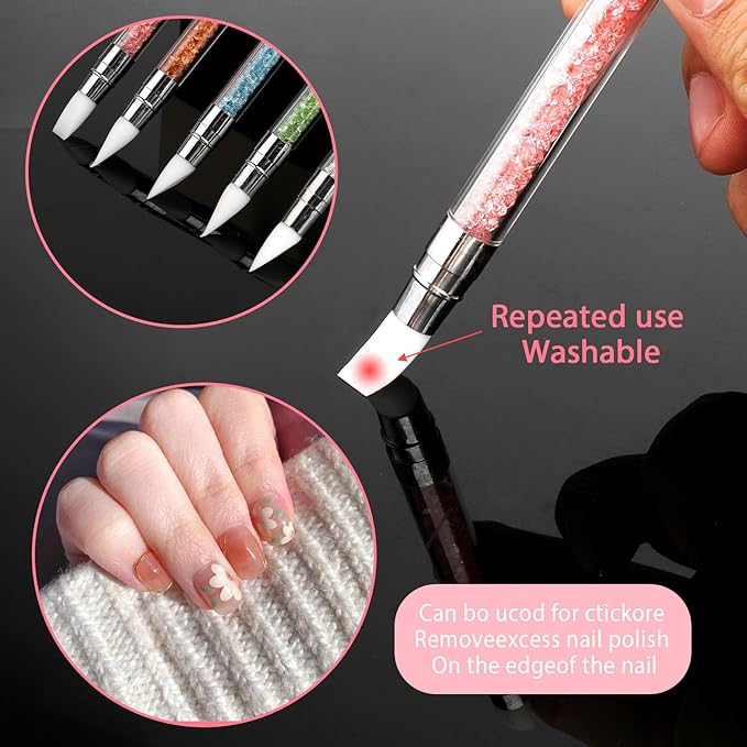5PCS Nail Art Sculpture Pen, Dual Tipped Silicone Nail Tools, 3D Nail Sculpting Gel Pen, Rhinestone Nail Polish Brushes for Design Nail Foil Carving Drawing Effect Shaping Drawing