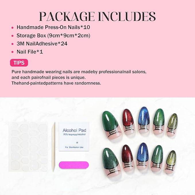 Handmade Press on Nails Luxury Glitter Christmas Lights French Tip Fake Nails Green False Nail Design Handmade Thickened Artificial Acrylic Nail Press ons Almond Nails Glue on Nail for Women（Size L）