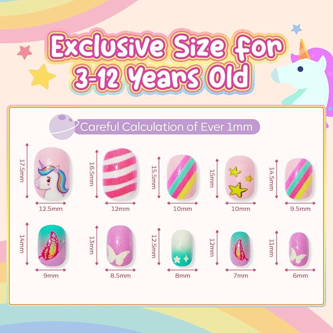 Modelones Press on Nails for Kids 144Pcs 6 Pack Children Acrylic Fake Nails Pre-glue Full Cover Glitter Color Butterfly Unicorn Short False Nail Kits Sets Thanksgiving Christmas Gifts for Girls