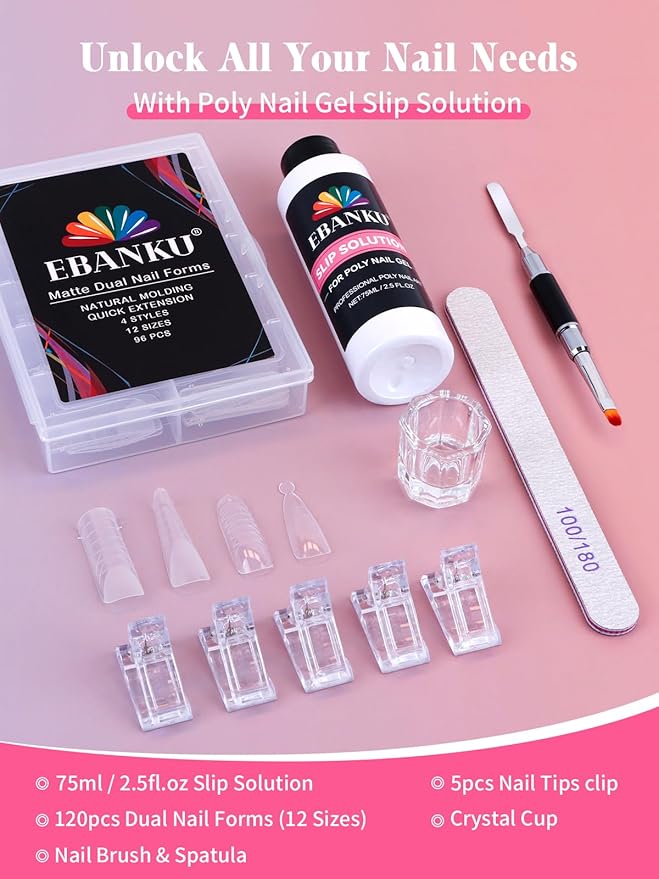 EBANKU Poly Gel Nail Forms - 96PCS Dual Forms for Builder Nail Extension, 4 Style 12 Size Dual Forms Set with 2.5oz Slip Solution, Brush, File, 5PCS Clips