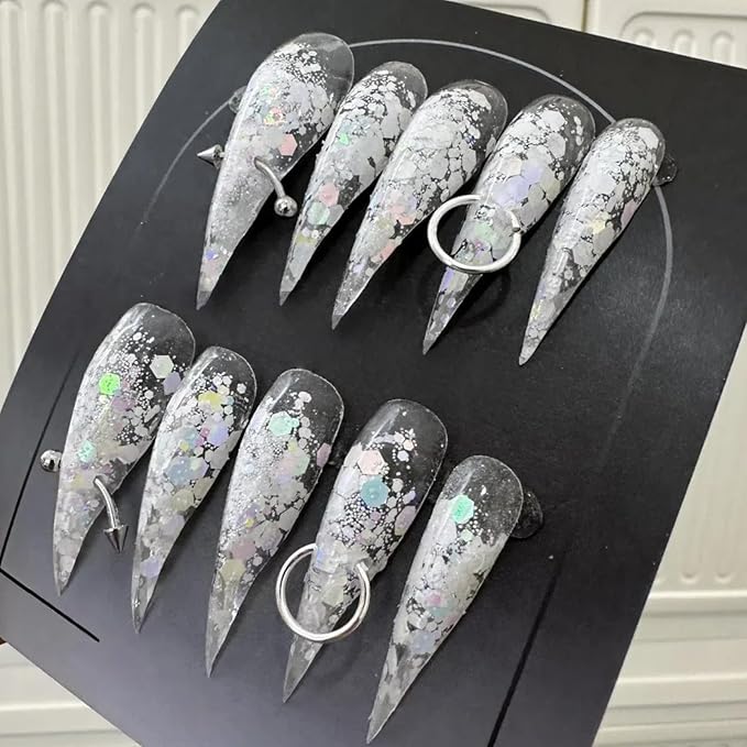 White with Nails Stiletto Press on Nails Extra Long with Glue Glossy False Nails with Hand-Painted Designs Handmade Eagle Dragon Cat Claw Unique Reusable Fake Nails