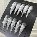 White with Nails Stiletto Press on Nails Extra Long with Glue Glossy False Nails with Hand-Painted Designs Handmade Eagle Dragon Cat Claw Unique Reusable Fake Nails