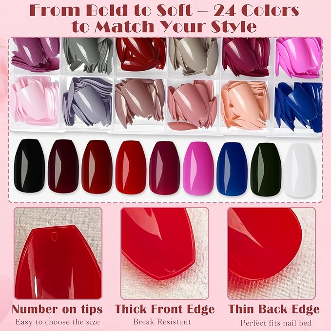 AddFavor Coffin Press on Nails Short, 576pcs Coffin Fake Nails Full Cover Glossy Short Nails Press on Acrylic False Nail Tips 24 Colors for Women