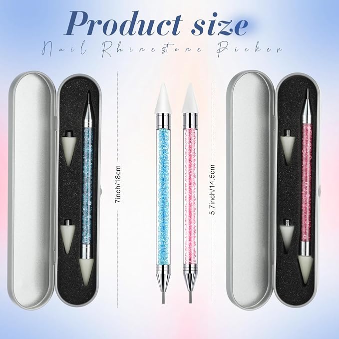 2 Pieces Rhinestone Picker Dotting Pen, Dual-ended Rhinestone Gems Crystals Studs Picker Wax Pencil Pen Crystal Beads Handle Manicure Nail Art DIY Decoration Tool (Light Blue Pink)