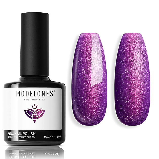 modelones Gel Nail Polish, 15 ML Chameleon Purple Gel Polish Pink Holographic Nail Polish Hot Pink Shimmer Glitter Gel Polish Soak Off LED Nail Art Gel DIY Salon Gift for Women