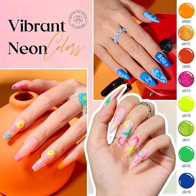 Beetles Gel Liner Nail Art Polish Set 50 Colors Reflective Gold Glitter Green Pink Red Blue Silver Gel Nail Polish Soak Off UV Built Thin Brush in Bottle Nails Design Rainbow Gift for Women