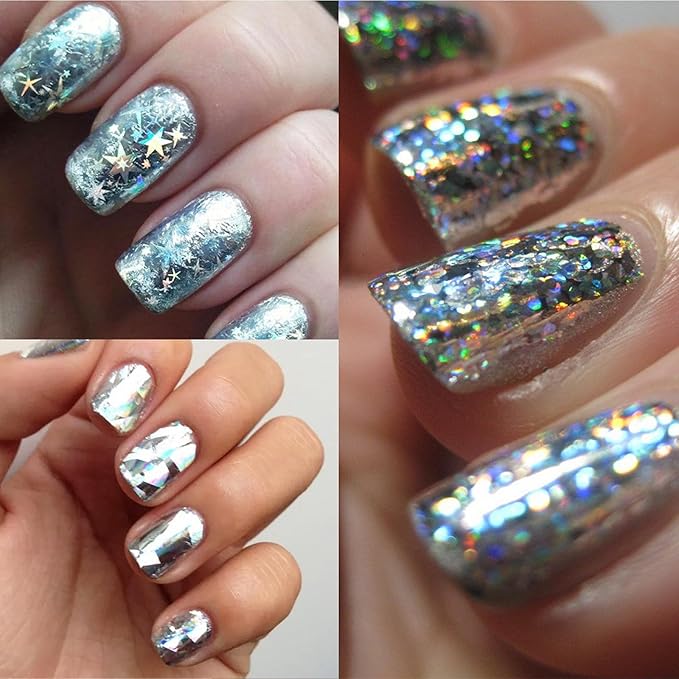 DANNEASY 12 Rolls Aurora Nail Art Foil Transfer, Iridescent Nail Foil Wraps Laser Gold Metallic Nails Stickers Starry Sky Holographic Nail Foils Design for Women Nails Supplies