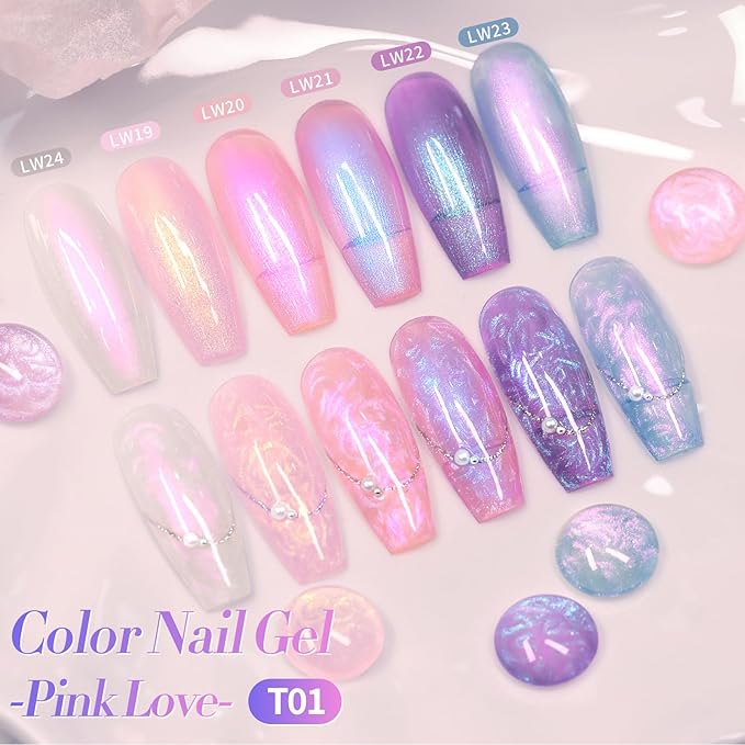 Born Pretty Pearl Gel Nail Polish, 6 Colors Pearl Pink White Purple Shimmer Mermaid Gel Polish Nail Drawing Glitter Polish Soak Off Led Swirl Shell Thread Effect DIY Manicure Gift for Women